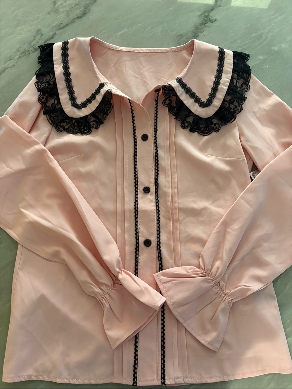 Source Unknown Pink Blouse with Black Lace Collar
